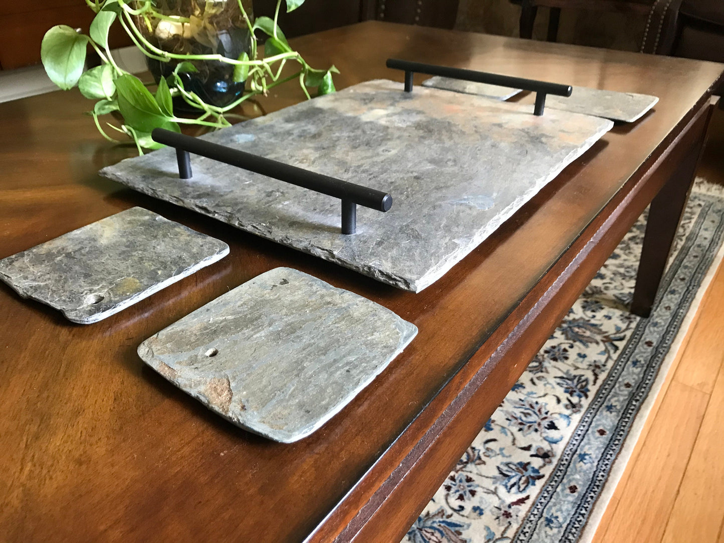 12x 16 Vintage slate decorative or serving tray with four matching coasters.