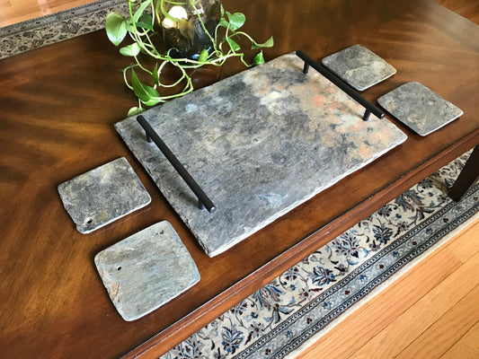 12x 16 Vintage slate decorative or serving tray with four matching coasters.