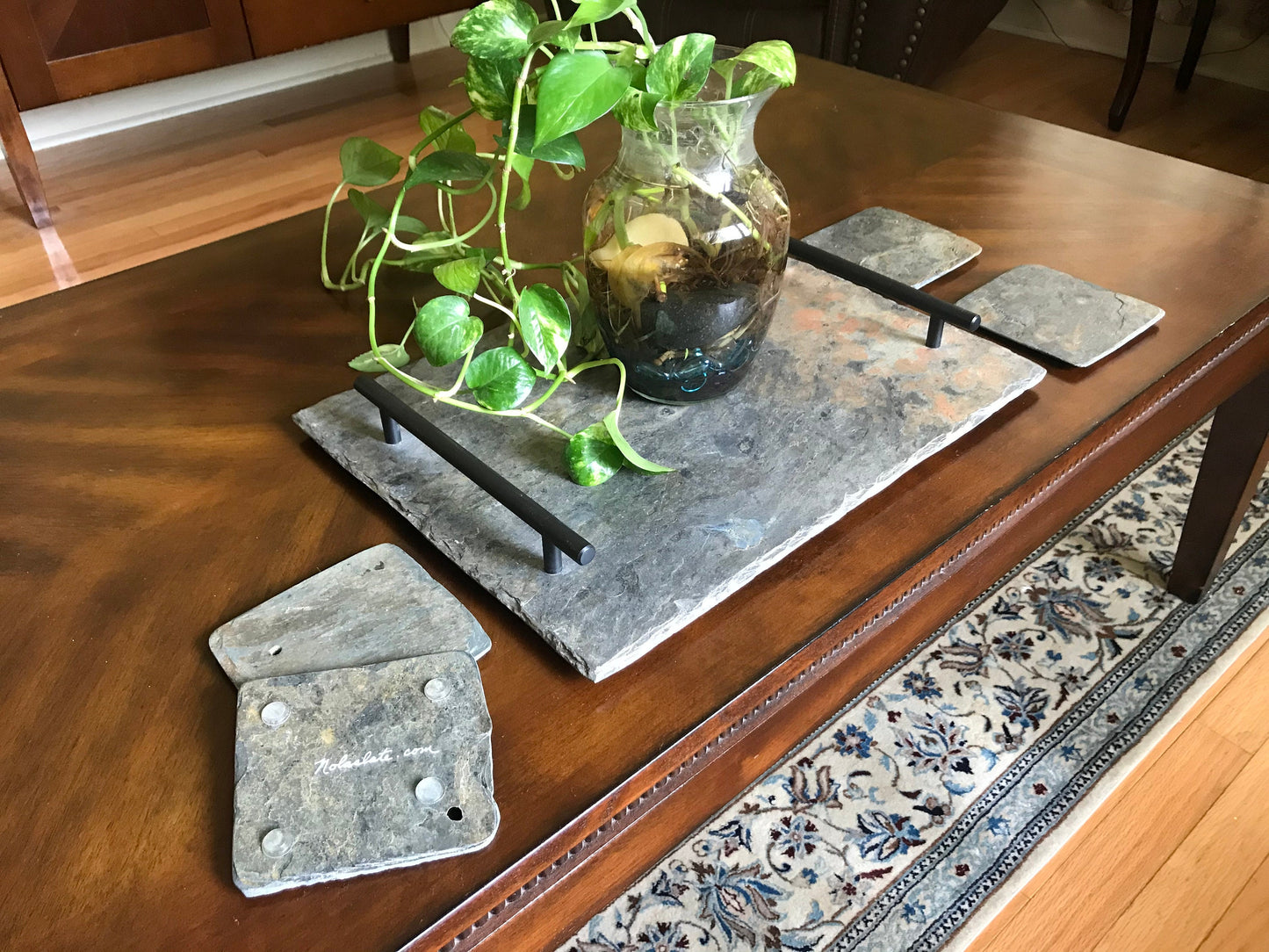 12x 16 Vintage slate decorative or serving tray with four matching coasters.