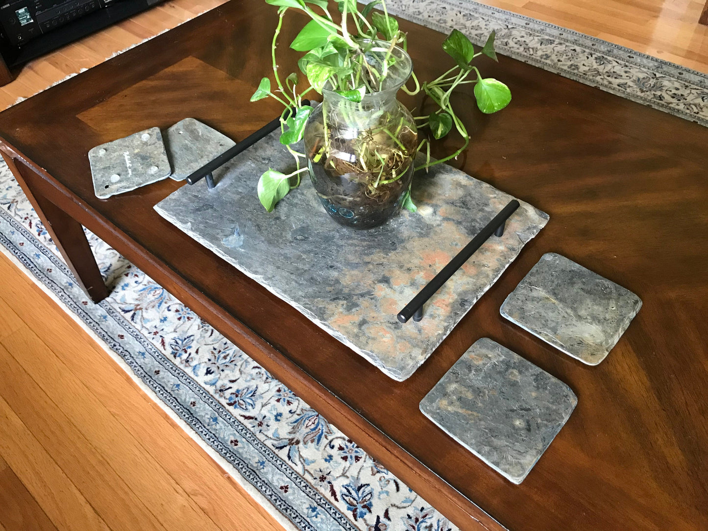 12x 16 Vintage slate decorative or serving tray with four matching coasters.