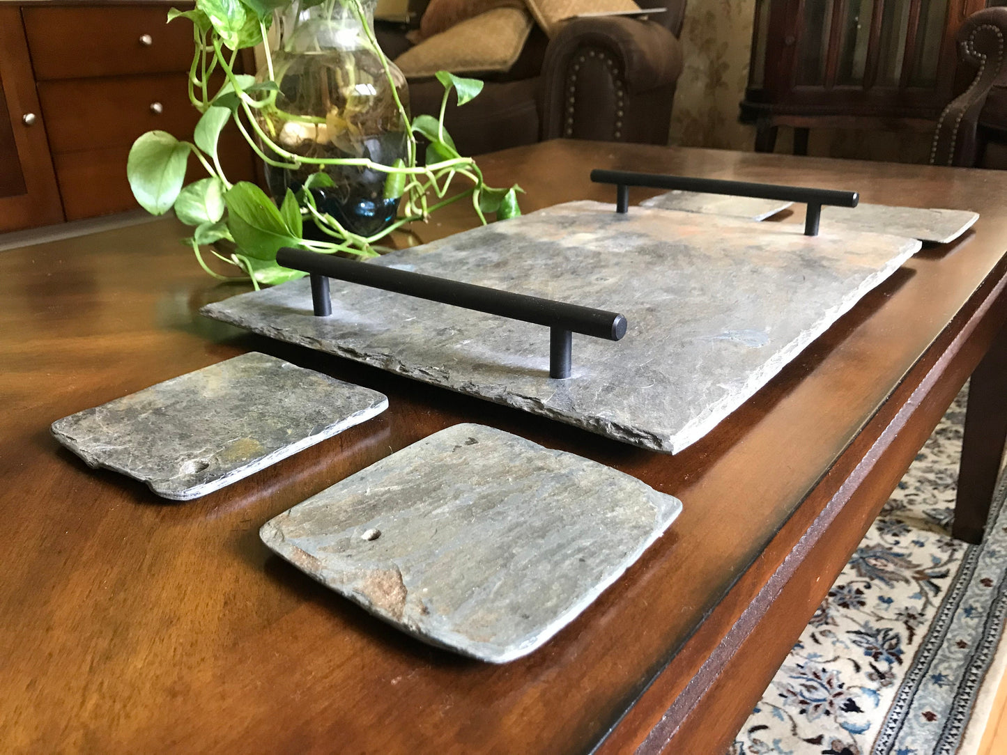 12x 16 Vintage slate decorative or serving tray with four matching coasters.