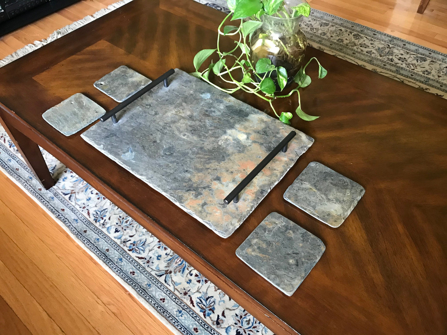 12x 16 Vintage slate decorative or serving tray with four matching coasters.