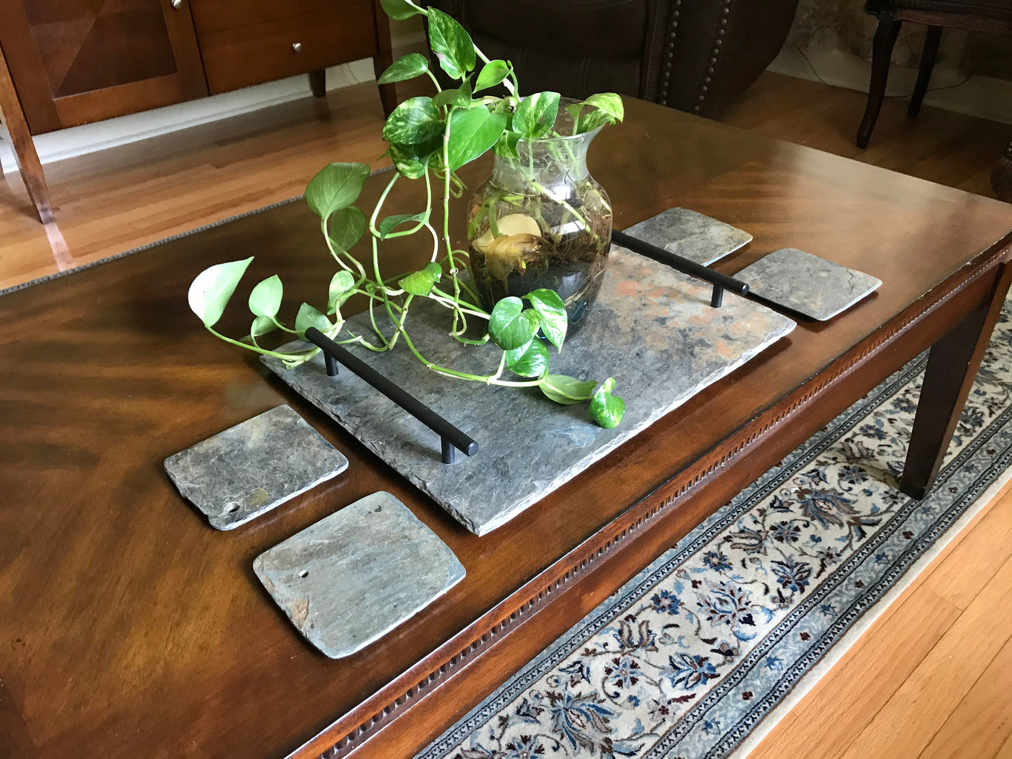 12x 16 Vintage slate decorative or serving tray with four matching coasters.