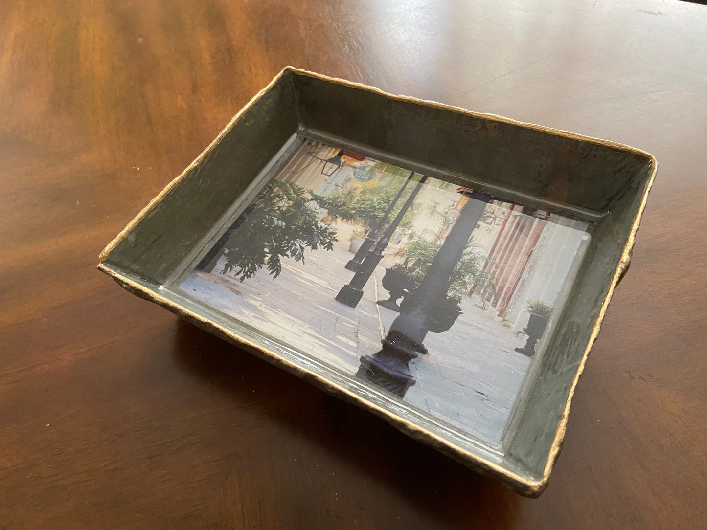 Vintage slate tray with photo applied to the base. Entire piece is sealed with high gloss epoxy for an amazing finish! Must see to believe!