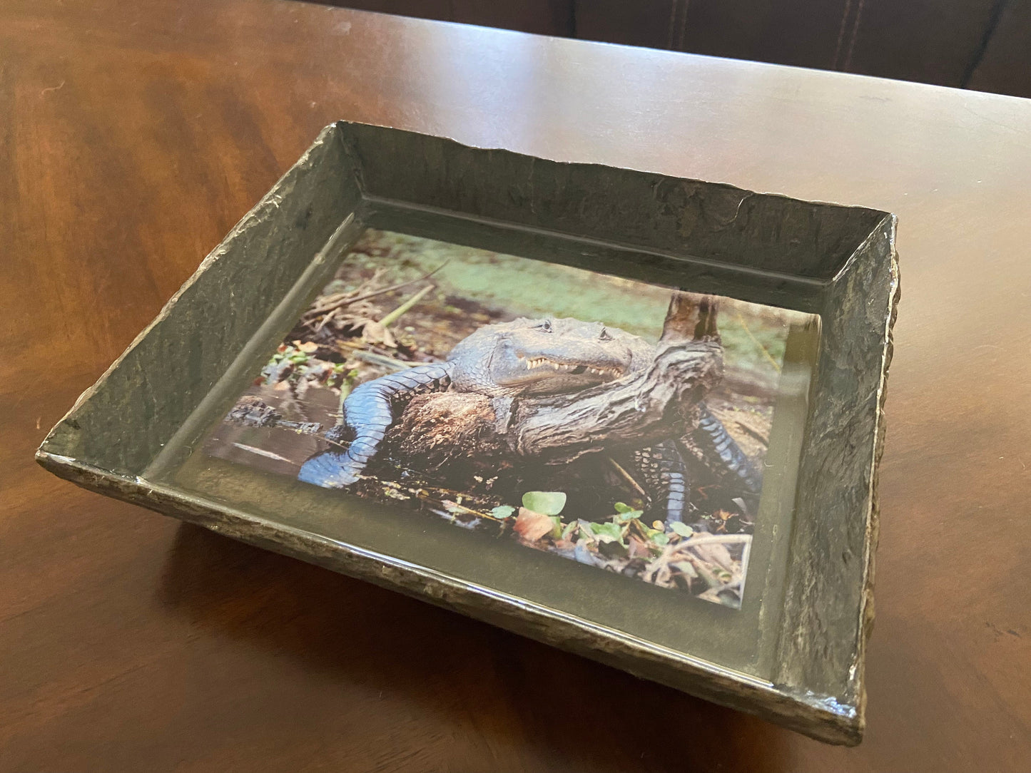 Vintage slate tray with photo applied to the base. Entire piece is sealed with high gloss epoxy for an amazing finish! Must see to believe!