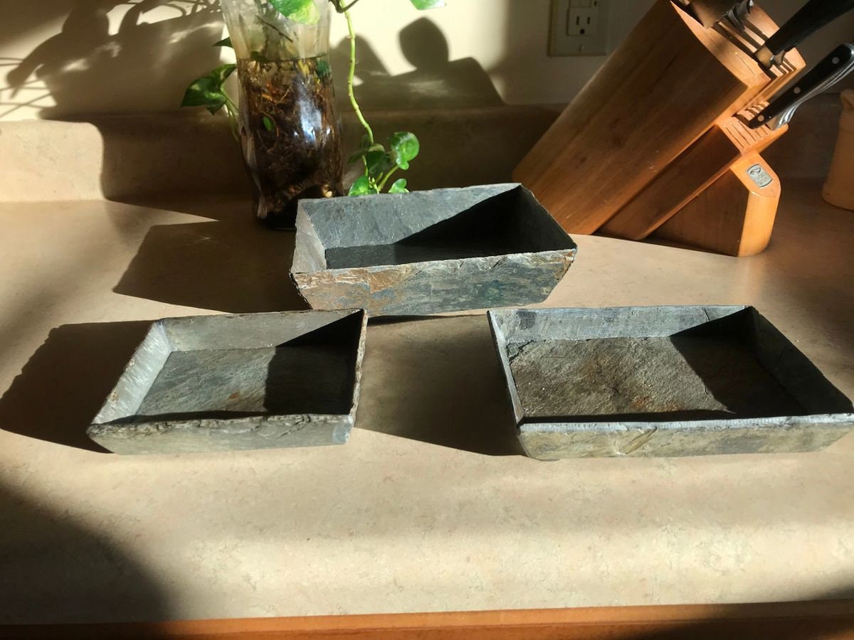 Vintage weathered roofing slate crafted into trays, uses include storing keys, coins, jewelry, hearing aids, rosary or many bathroom uses.