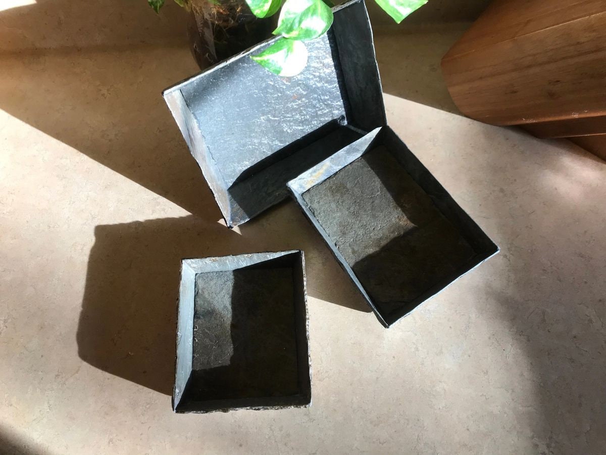 Vintage weathered roofing slate crafted into trays, uses include storing keys, coins, jewelry, hearing aids, rosary or many bathroom uses.