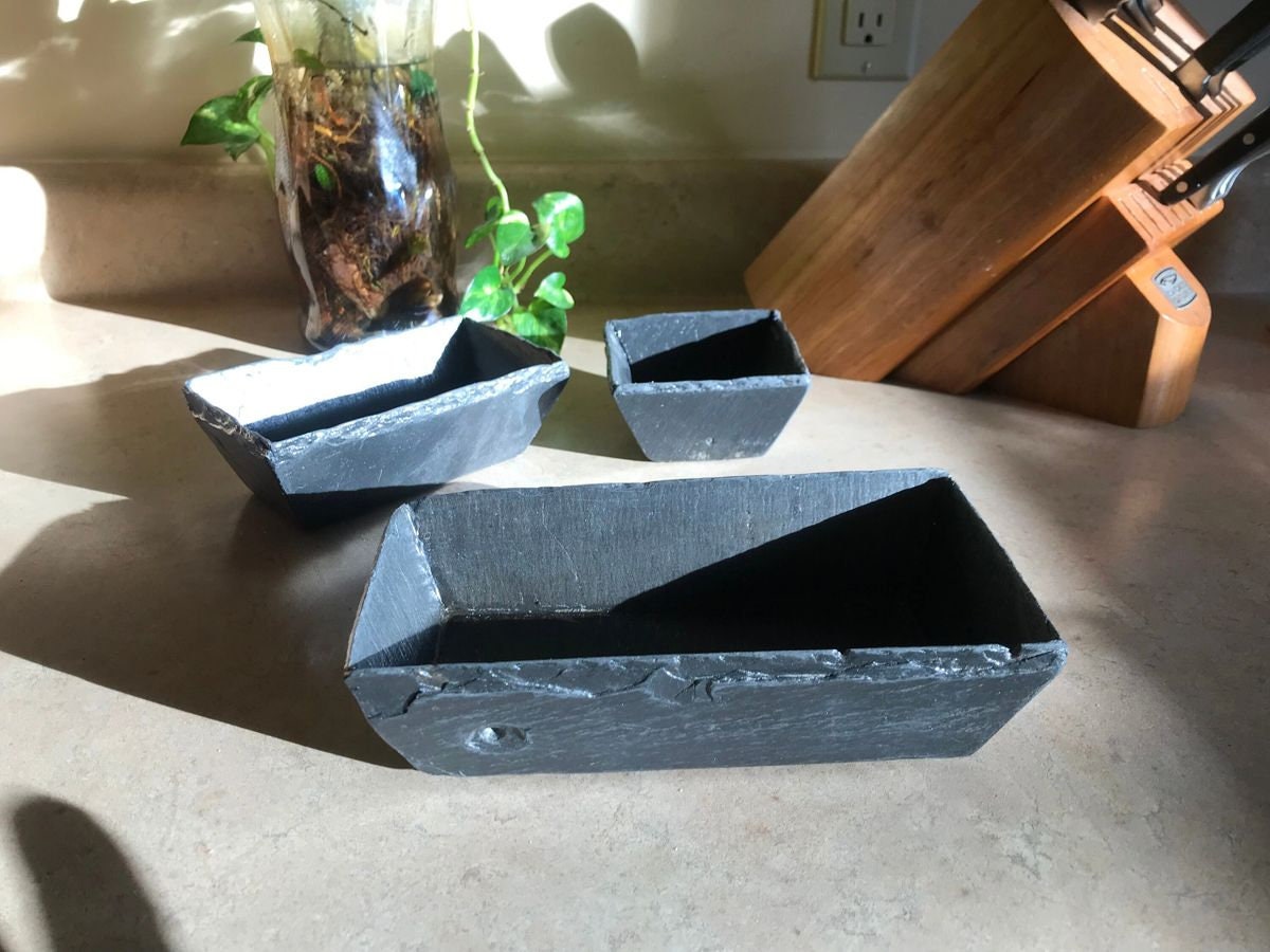 Vintage weathered roofing slate crafted into trays, uses include storing keys, coins, jewelry, hearing aids, rosary or many bathroom uses.