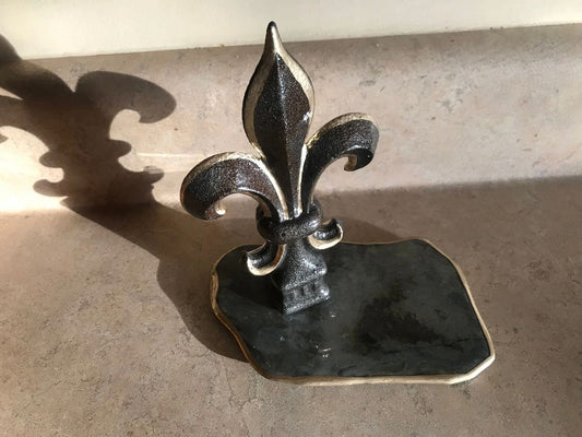 Hand painted cast iron Fleur de Lis mounted on vintage weathered slate, sealed with high gloss clear epoxy finish