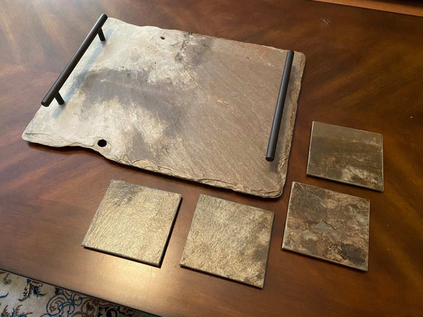 Vintage New Orleans French Quarter roofing slate crafted into serving  or decorative tray set including four matching coasters