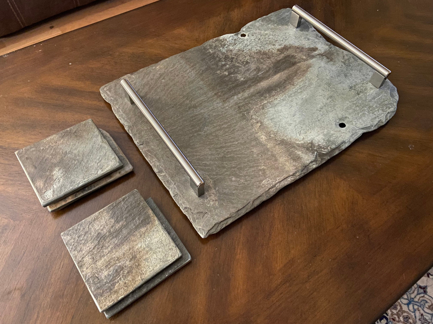 Vintage New Orleans French Quarter roofing slate crafted into serving  or decorative tray set including four matching coasters