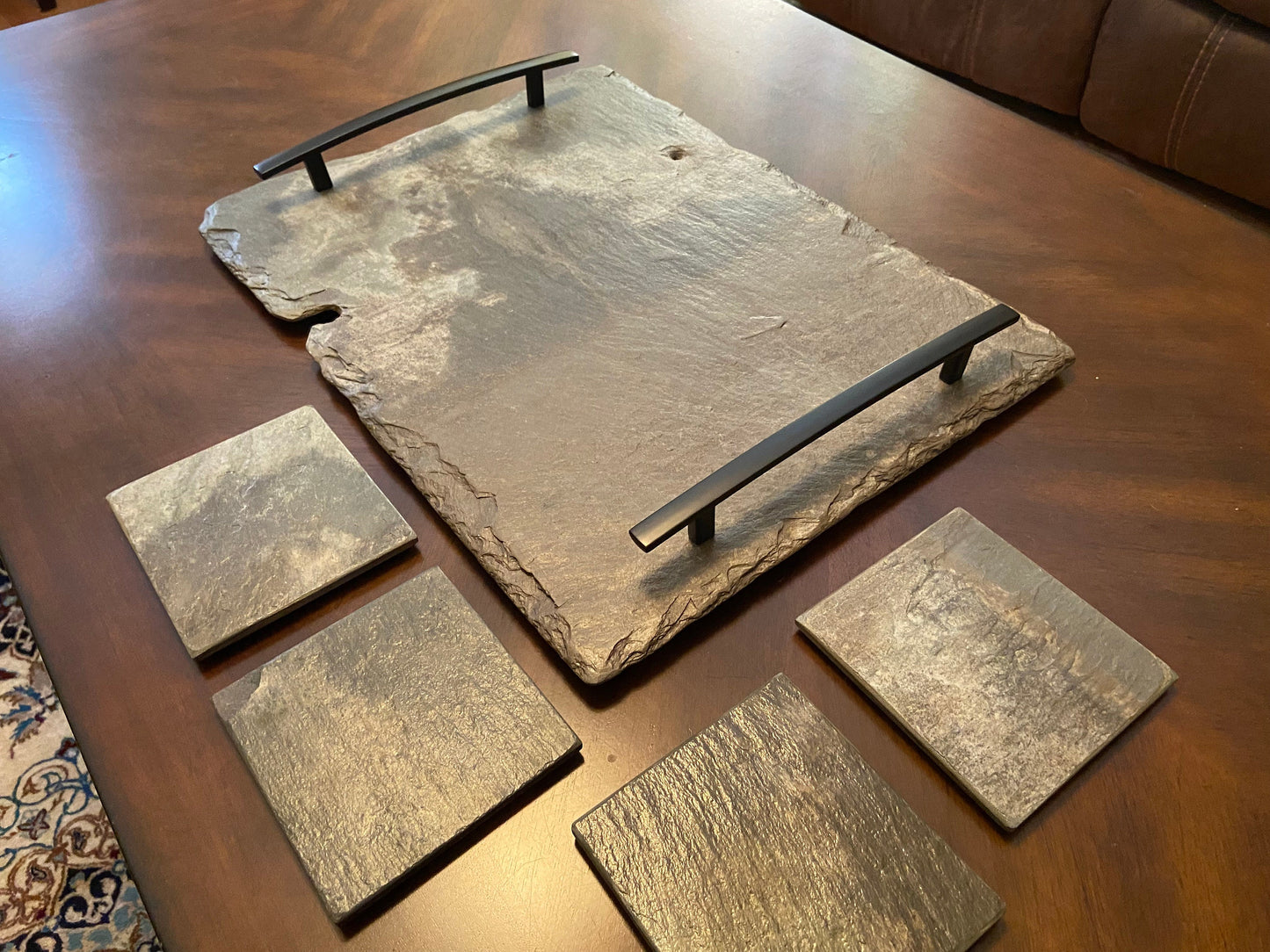 Vintage New Orleans French Quarter roofing slate crafted into serving  or decorative tray set including four matching coasters