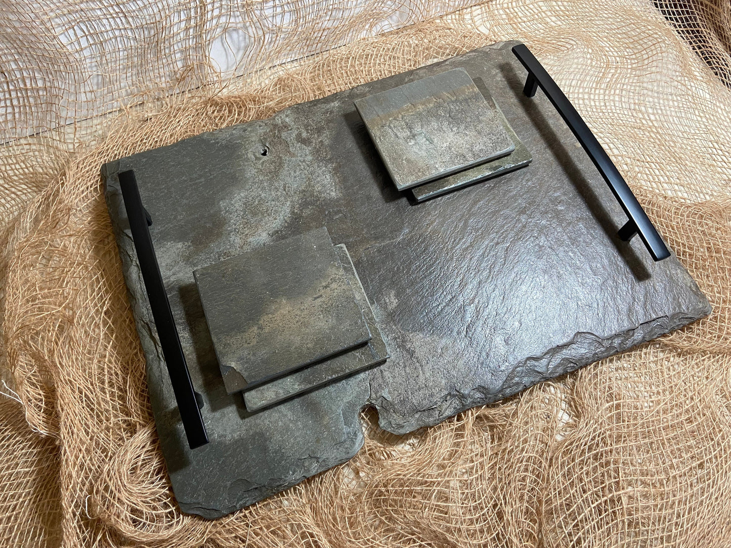 Vintage New Orleans French Quarter roofing slate crafted into serving  or decorative tray set including four matching coasters