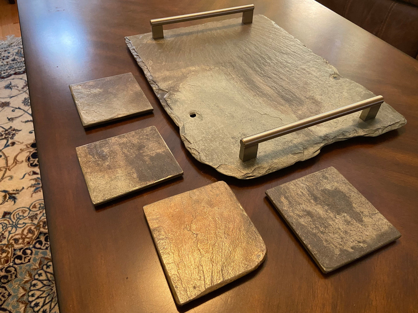 Vintage New Orleans French Quarter roofing slate crafted into serving  or decorative tray set including four matching coasters