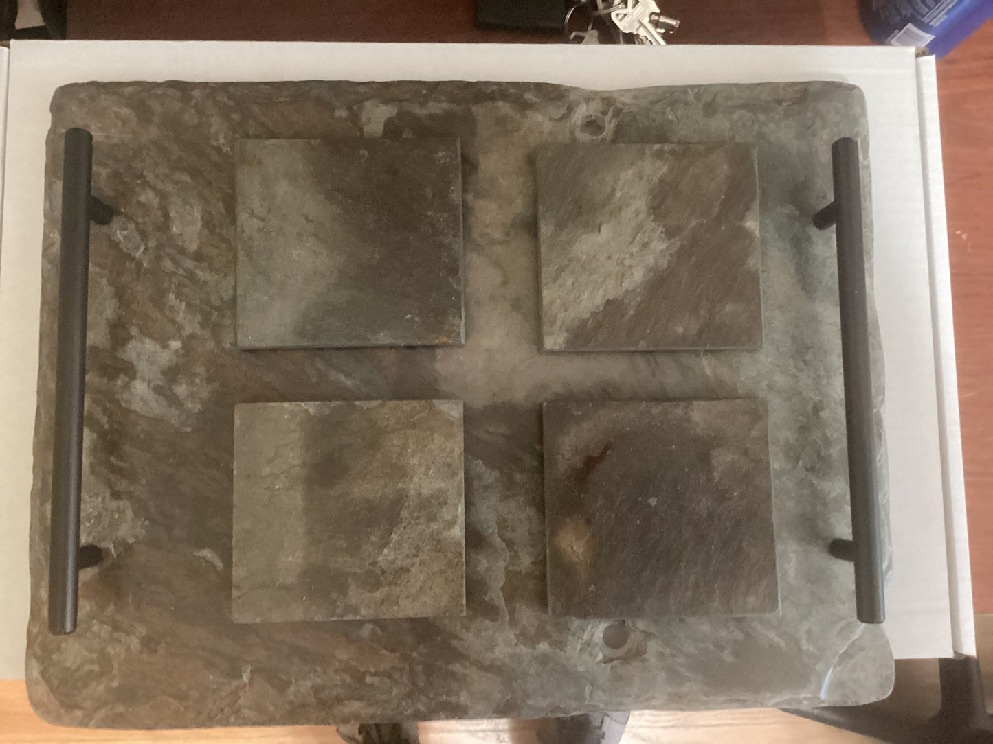 Vintage New Orleans French Quarter roofing slate crafted into serving  or decorative tray set including four matching coasters